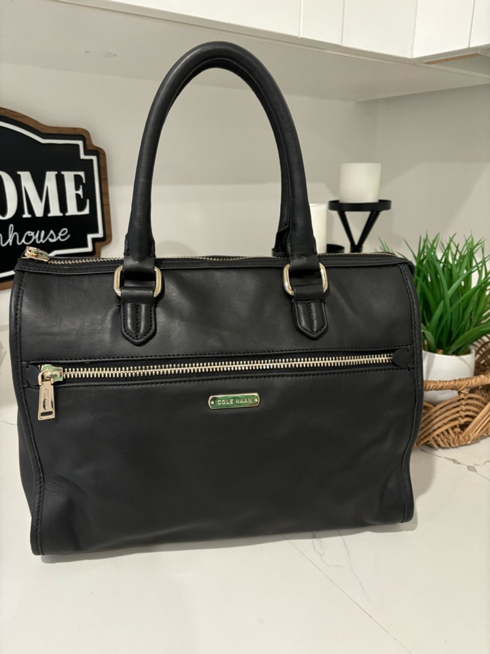 Cole Haan Smooth Leather Black Satchel Structured Handbag Gold Hardware